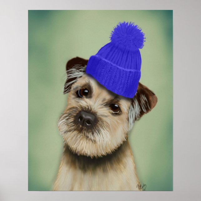 Border Terrier with Blue Bobble Hat Poster (Front)