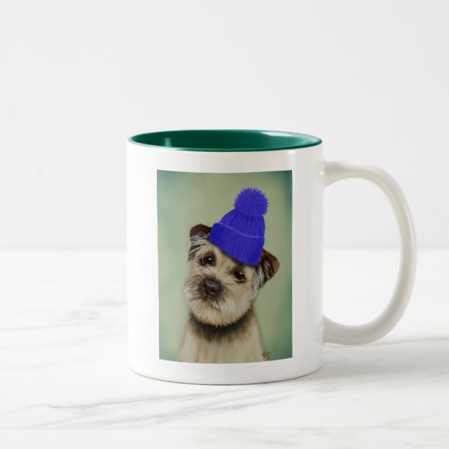 Border Terrier with Blue Bobble Hat Two-Tone Coffee Mug (Right)