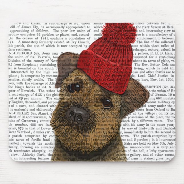 Border Terrier with Red Bobble Hat 3 Mouse Mat (Front)