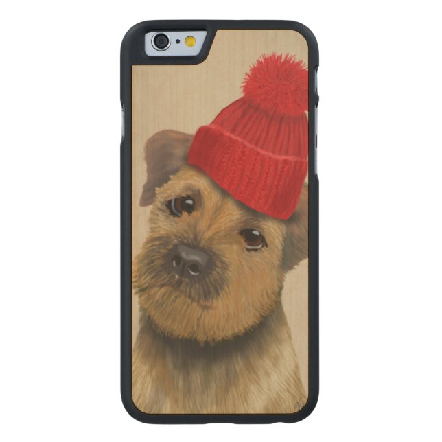 Border Terrier with Red Bobble Hat Carved Wood iPhone Case (Back)