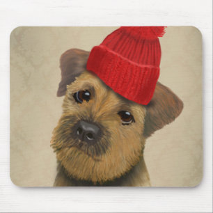 Border Terrier with Red Bobble Hat Mouse Mat