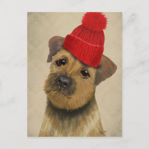 Border Terrier with Red Bobble Hat Postcard