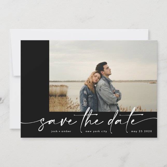 Bordered | Modern Simple Black Photo Ice White Save The Date (Front)