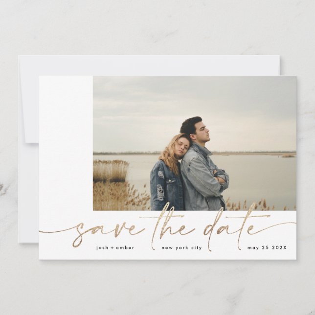 Bordered | Modern Simple White Photo Gold Foil Save The Date (Front)