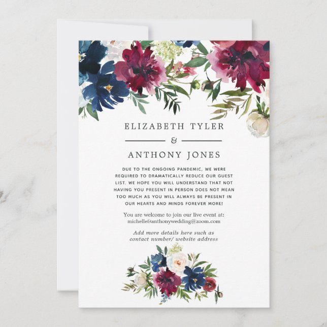 Bordo and Navy Floral Reduced Wedding Guest List Announcement (Front)