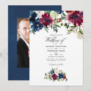 Bordo and Navy Watercolor Floral Wedding Photo Invitation