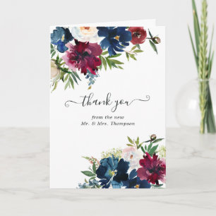Bordo and Navy Watercolor Floral Wedding Photo Thank You Card