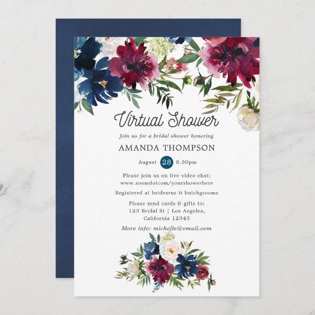 Bordo and Navy Watercolor Virtual Bridal Shower Invitation (Front/Back)