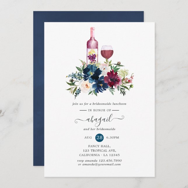 Bordo and Navy Wine Tasting Bridesmaids Luncheon Invitation (Front/Back)