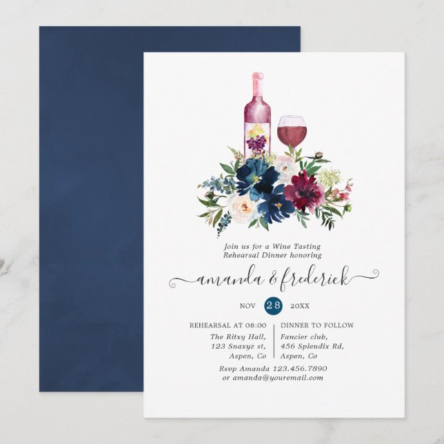 Bordo and Navy Wine Tasting Rehearsal Dinner Invitation (Front/Back)