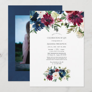 Bordo & Navy Watercolor Floral Celebration of Life Invitation