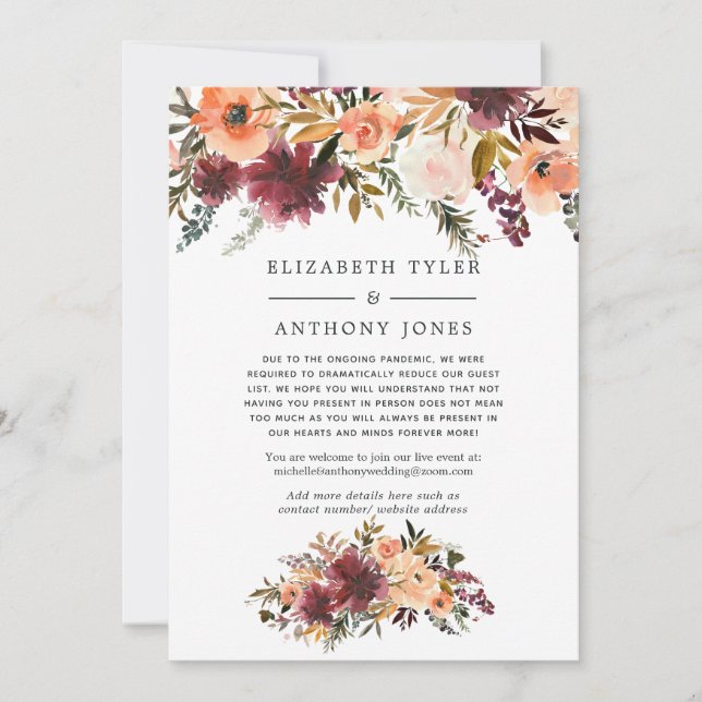 Bordo Peach Floral Reduced Wedding Guest List Announcement (Front)