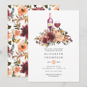 Bordo Peach Floral Wine Tasting Bridal Shower Invitation