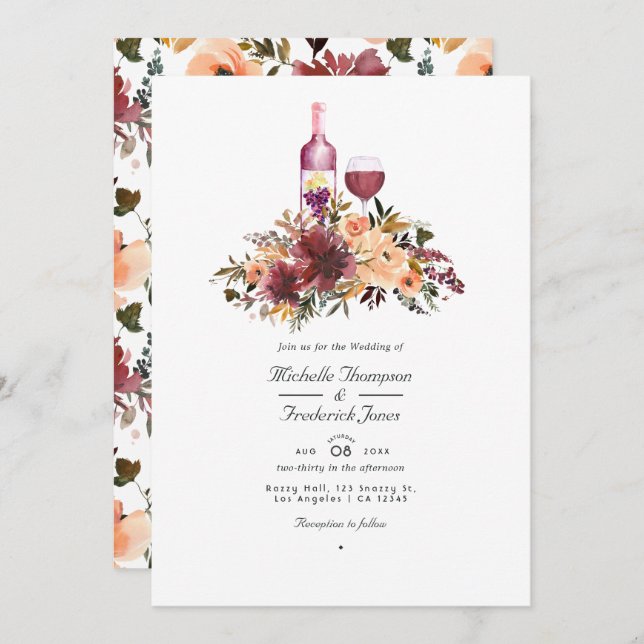 Bordo Peach Floral Wine Tasting Wedding Photo Invi Invitation (Front/Back)