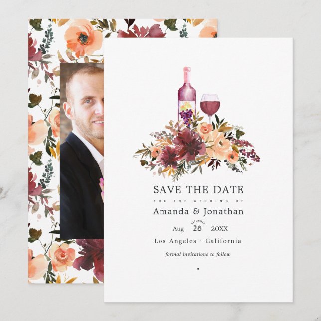 Bordo Peach Floral Wine Tasting Wedding Save The Date (Front/Back)