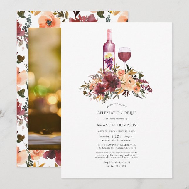 Bordo Peach Floral Wine Themed Celebration of Life Invitation (Front/Back)