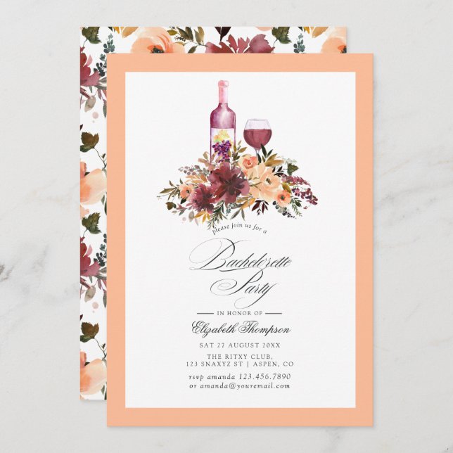 Bordo Peach Fuzz Wine themed Bachelorette Party Invitation (Front/Back)