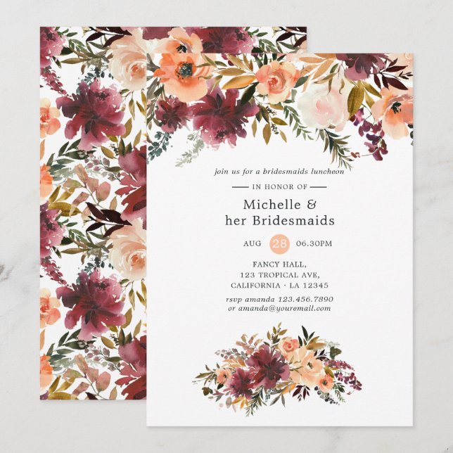 Bordo Peach Watercolor Bridesmaids Luncheon Invitation (Front/Back)