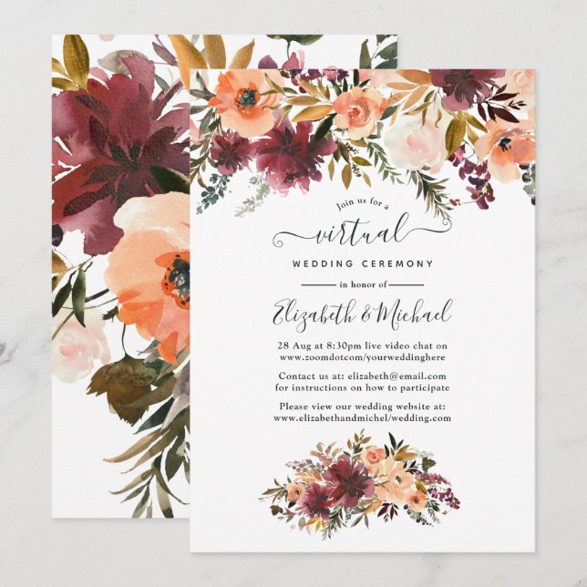 Bordo Peach Watercolor Floral Virtual Wedding Invitation (Front/Back)