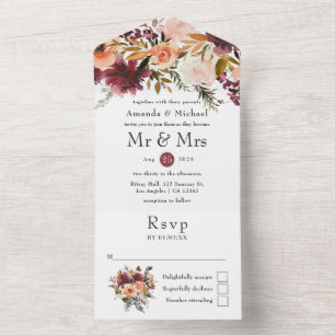 Bordo Peach Watercolor Floral Wedding All In One Invitation