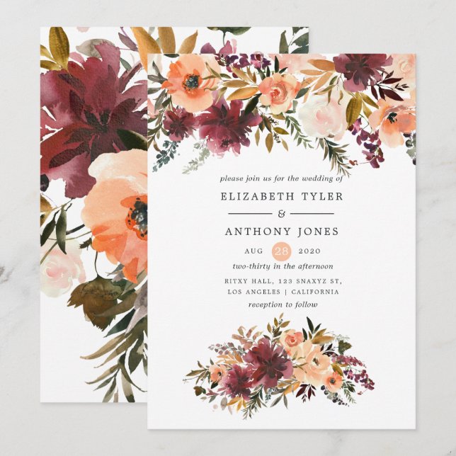 Bordo Peach Watercolor Floral Wedding Invitation (Front/Back)
