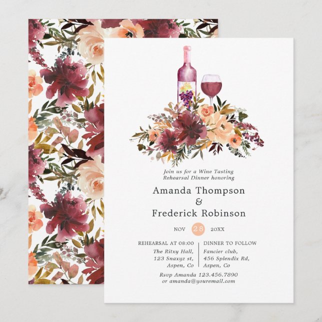 Bordo Peach Watercolor Wine Rehearsal Dinner Invitation (Front/Back)