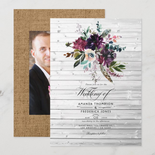 Bordo Violet Plum Floral Rustic Bohemian Wedding Invitation (Front/Back)