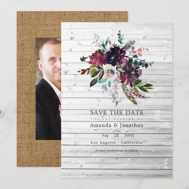 Bordo Violet Plum Floral Rustic Bohemian Wedding Save The Date (Front/Back)