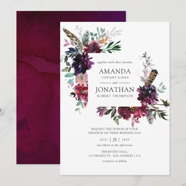 Bordo Violet Plum Watercolor Floral Wedding Invitation (Front/Back)