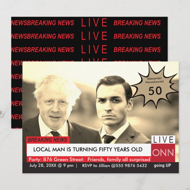 Boris Johnson 50th Birthday Mens Funny TV News Invitation (Front/Back)