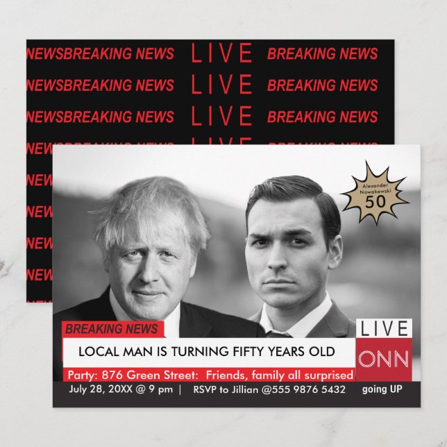 Boris Johnson Funny TV News 50th Birthday Invitation (Front/Back)