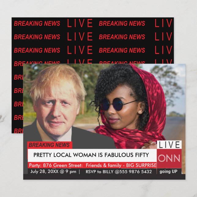 Boris Johnson Women's 50th Birthday Funny TV News  Invitation (Front/Back)
