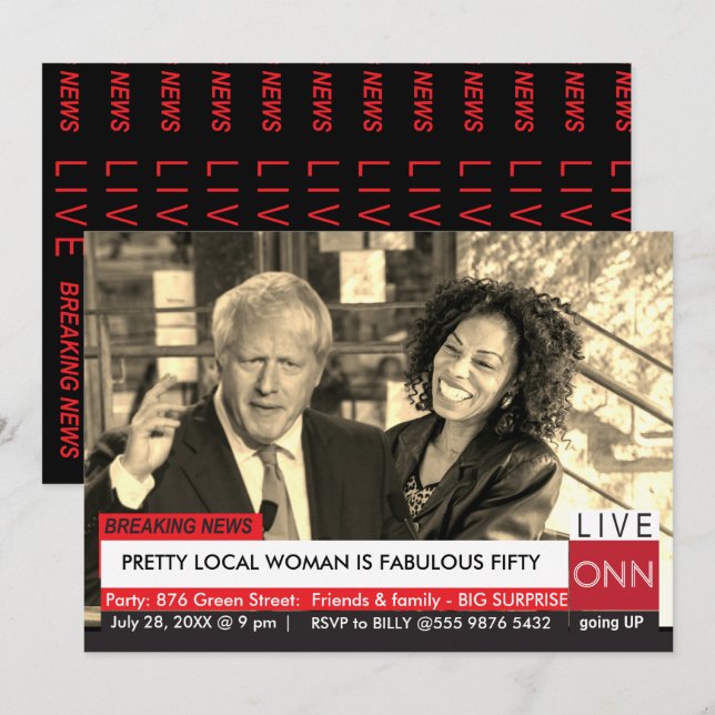Boris Johnson Women's 50th Birthday Funny TV News Invitation (Front/Back)