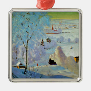 Boris Kustodiev - Skiers, famous painting, Metal Tree Decoration