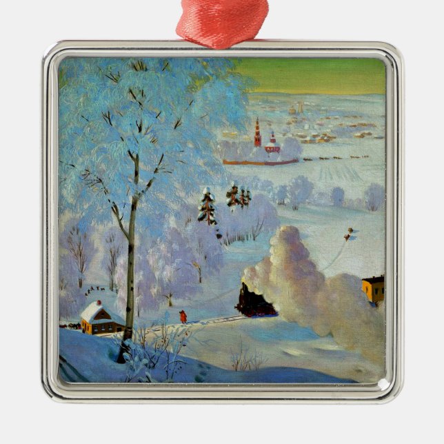 Boris Kustodiev - Skiers, famous painting, Metal Tree Decoration (Front)