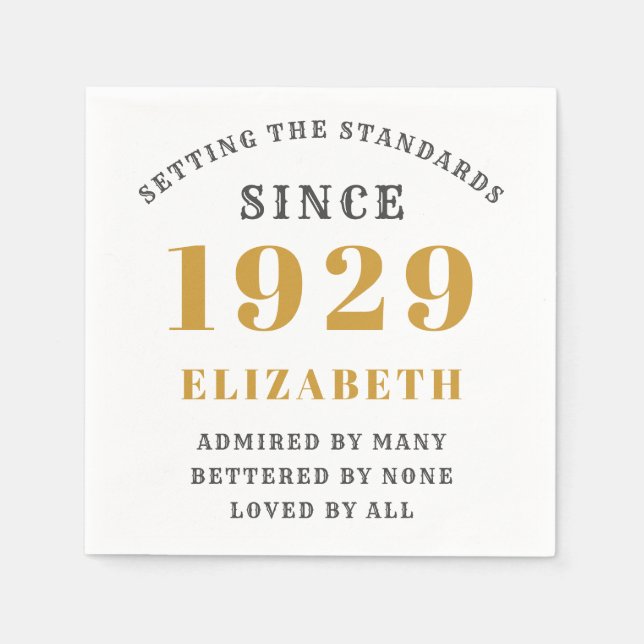 Born 1929 90th Birthday Fully Editable Gold Grey Napkin (Front)