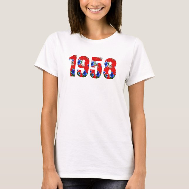 Born 1958 Birthday Party Hawaiian Red Blue  T-Shirt (Front)