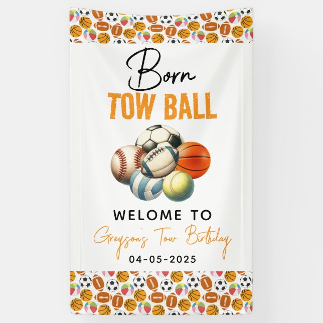 Born 2 Ball Sport Themed Boy 2nd Birthday Party Banner (Vertical)
