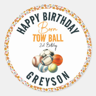 Born 2 Ball Sport Themed Boy 2nd Birthday Party Classic Round Sticker