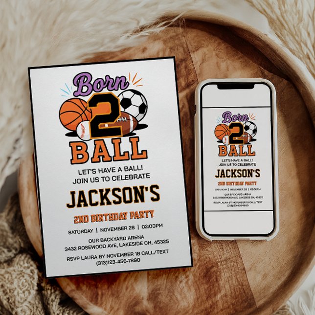Born 2 Ball Sport Themed Boy 2nd Birthday Party  Invitation (Creator Uploaded)