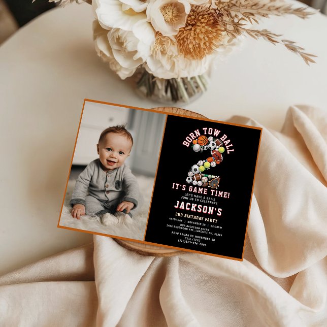 Born 2 Ball Sport Themed Boy 2nd Birthday Party Invitation (Born 2 Ball Sport Themed Boy 2nd Birthday Party Invitation
)