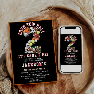 Born 2 Ball Sport Themed Boy 2nd Birthday Party Invitation
