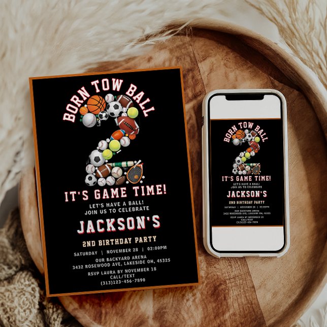 Born 2 Ball Sport Themed Boy 2nd Birthday Party Invitation (Born 2 Ball Sport Themed Boy 2nd Birthday Party Invitation)
