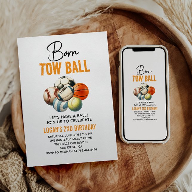 Born 2 Ball Sport Themed Boy 2nd Birthday Party Invitation (Creator Uploaded)