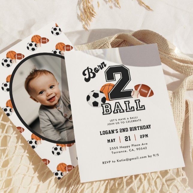 Born 2 Ball Sport Themed Boy 2nd Birthday Photo Invitation (Creator Uploaded)
