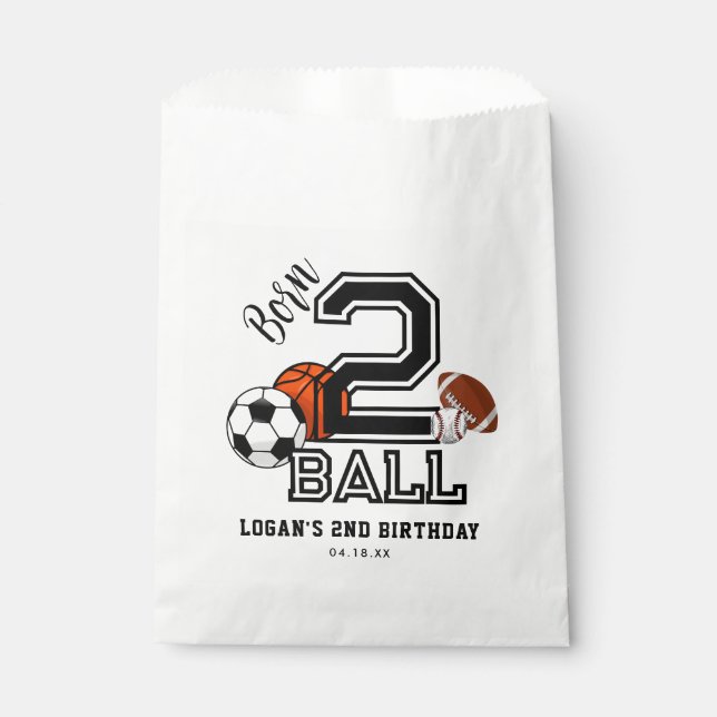 Born 2 Ball Sports Theme Boy’s 2nd Birthday Party Favour Bags (Front)