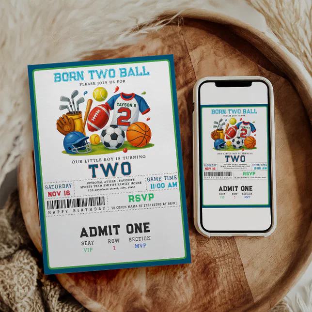 Born 2 Ball Sports Theme Boy’s 2nd Birthday Party Invitation | Zazzle