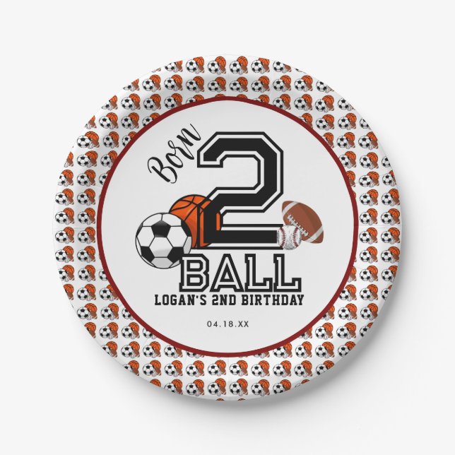 Born 2 Ball Sports Theme Boy’s 2nd Birthday Party Paper Plate (Front)