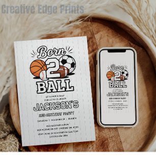 Born 2 Ball Sports Themed Boy 2nd Birthday Party Invitation