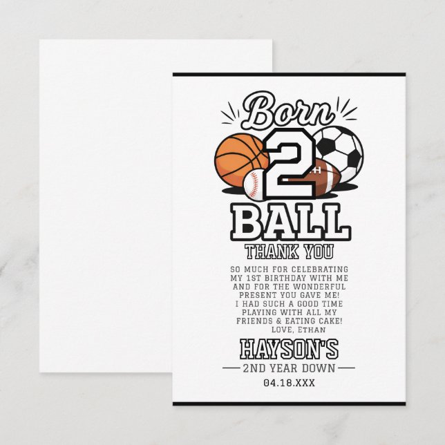 Born 2 Ball Sports Themed Boy 2nd Birthday Party Thank You Card (Front/Back)